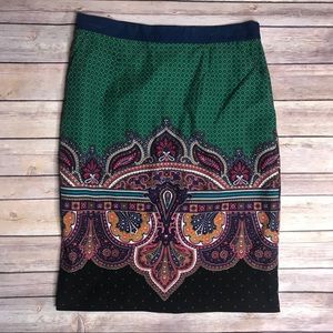 Edme Esllyte green antiqued paisley pencil skirt